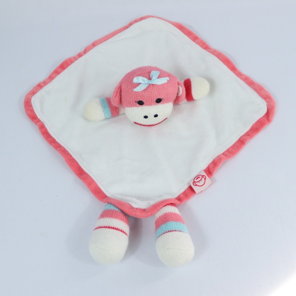 Baby Starters 12" Sock Monkey Security Blanket Lovey Rattle Pink Stripes